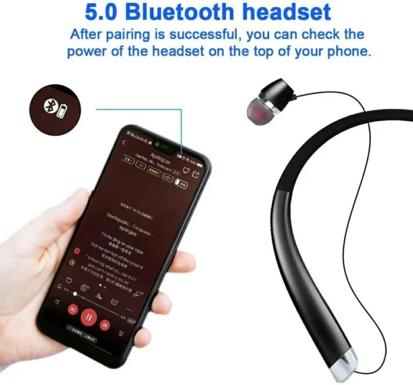 Bluetooth Headset, Bluetooth 5.0 Neckband Wireless Headset Retractable Earbuds - Image 3